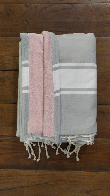 Fouta Double sided (frotté) with Velcro Pocket - Light Grey White stripe - Rose inside - 2x1m  